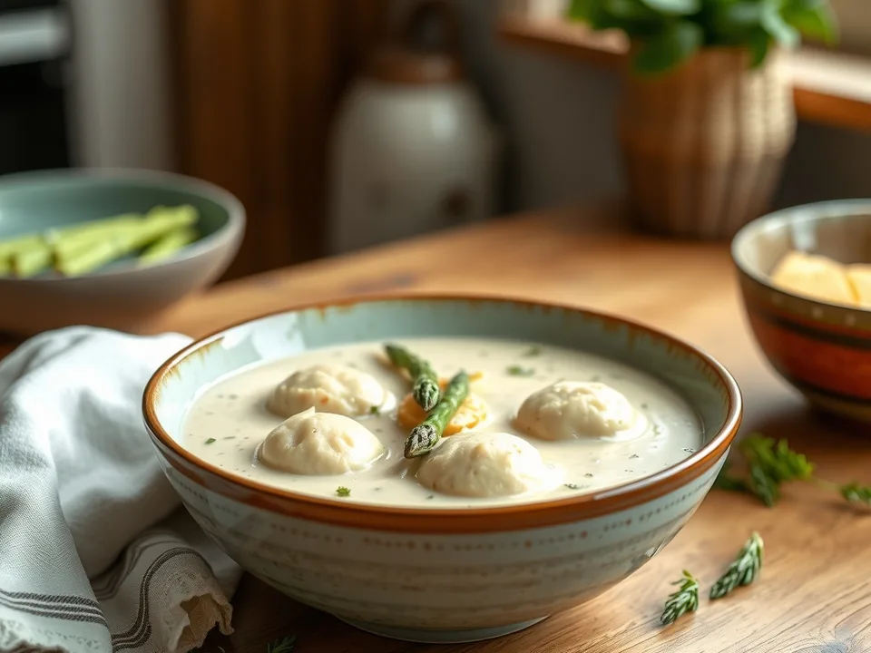 Spargelcremesuppe legiert mit Putenklößchen