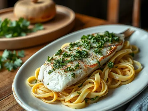 Seehecht mit Koriandernudeln und Bärlauch-Pesto