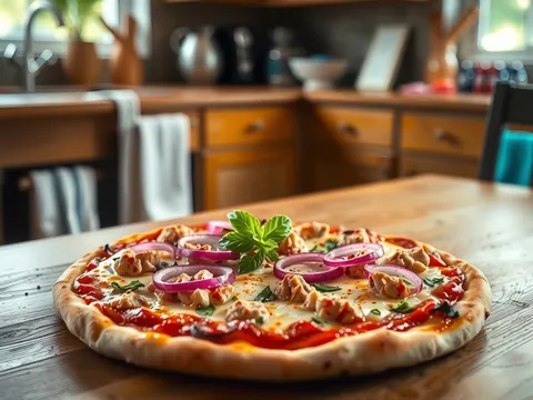 Thunfischpizza mit roten Zwiebeln, Kapern und Oliven