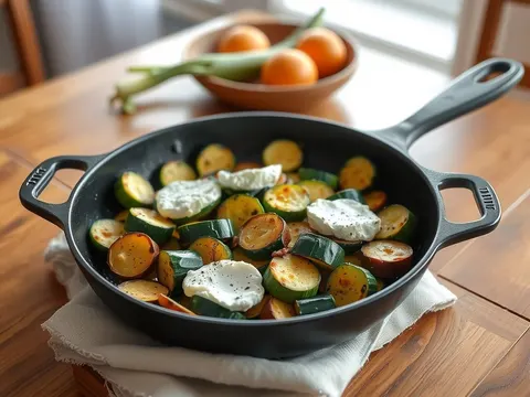 Zucchinipfanne mit Schafskäse, Tomaten und Minze